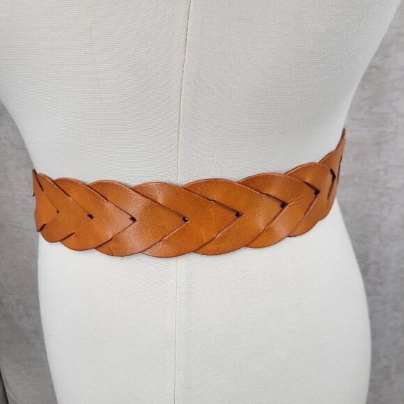 Miss Me Braided Woven Orangey Tan Leather Belt with Large Gold Toned Oval Buckle main image 10